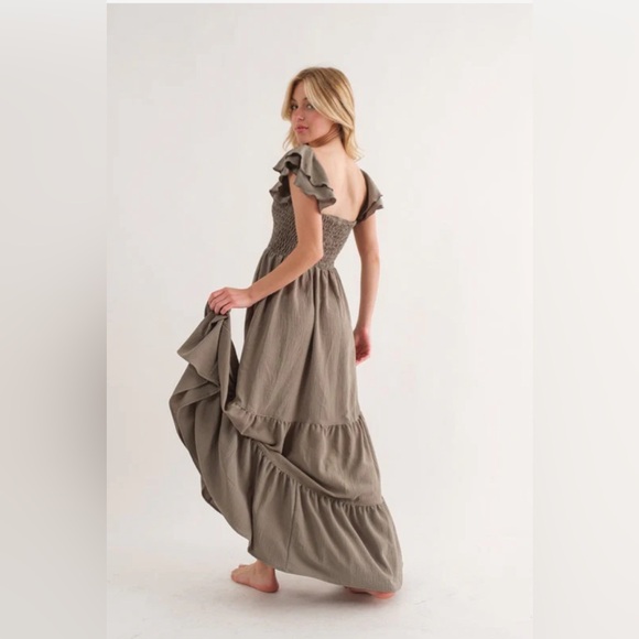 Boho Flutter Sleeve Olive Maxi Dress - Picture 2 of 5